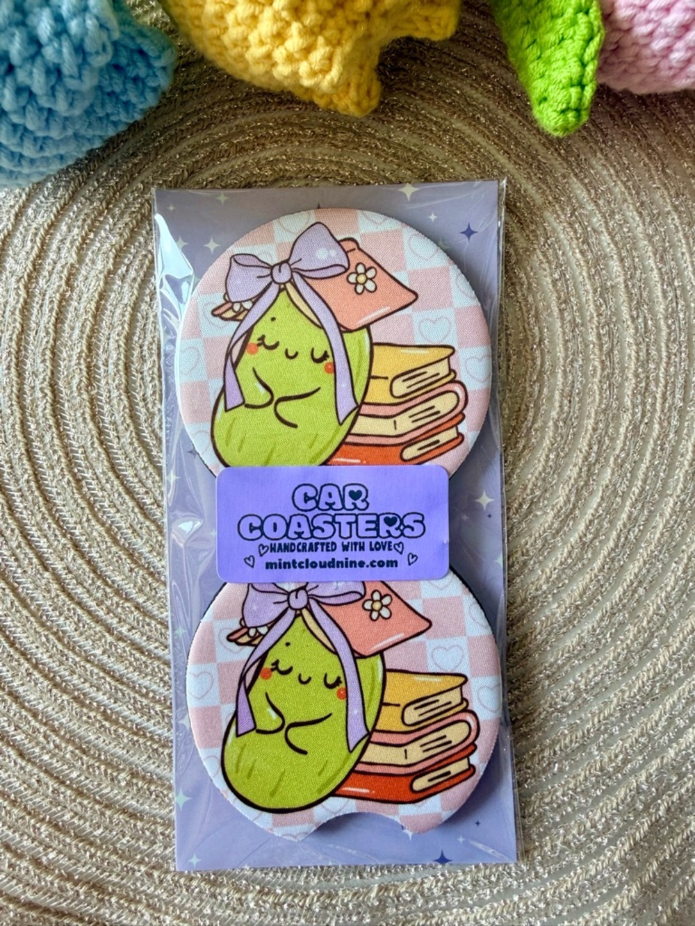 ☁️ 3/$30☁️ HANDCRAFTED CAR COASTER SET - BOOKISH PICKLE 📚